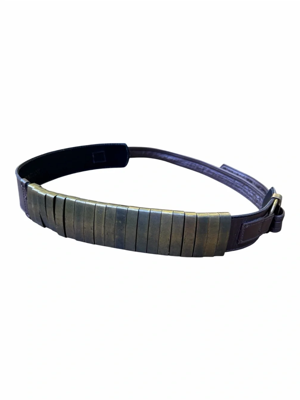R.J. Graziano Vintage Brass Plate & Leather Statement Belt